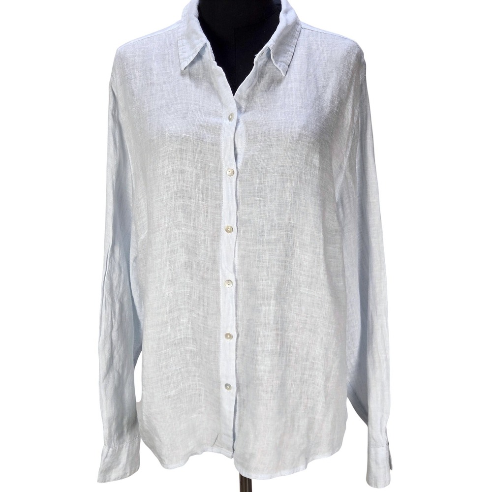 Women's Joie XL 100% Linen Button Down Shirt Blue Pinstripe Long Sleeve Coastal
